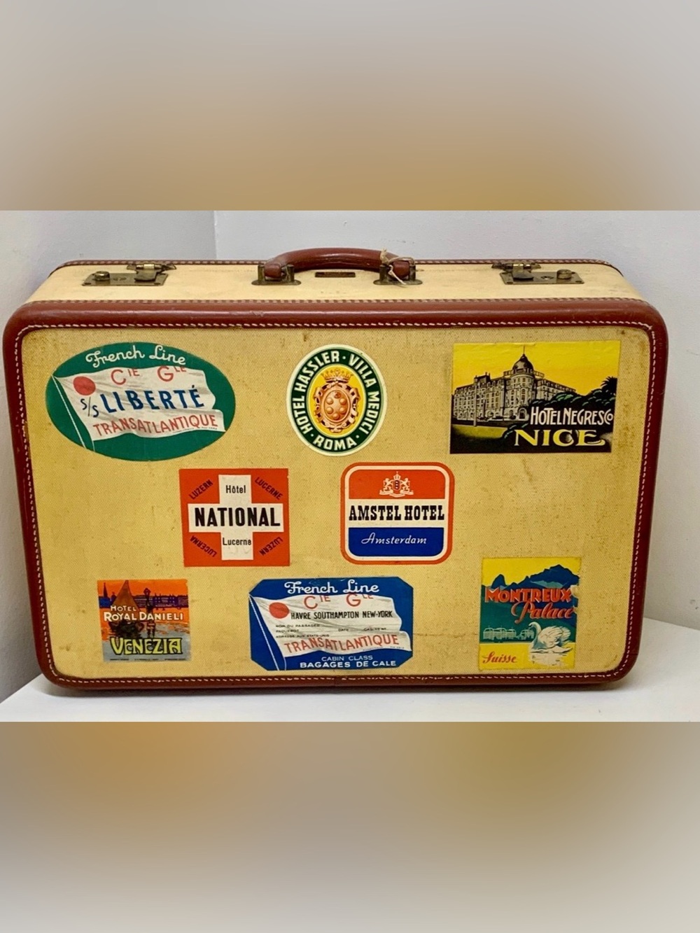 Antique Donby Coated Tweed Leather Trim World Traveler Suitcase Travel Trunk
